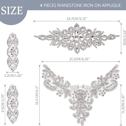 4 Pieces Rhinestone Appliques Silver Wedding Bridal Iron On Sash Neckline 