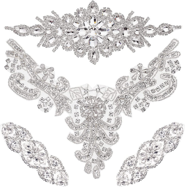 4-teilige Strass-Applikationen zum Aufbügeln auf dem Schärpenausschnitt in Silber für die Hochzeit 