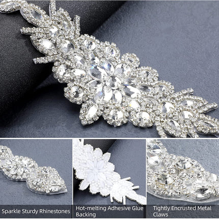 4 Pieces Rhinestone Appliques Silver Wedding Bridal Iron On Sash Neckline 