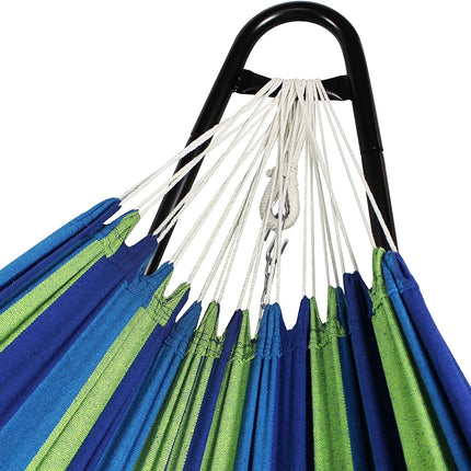 Hammock, hanging bed - Capacity: for 2 people - Height: adjustable - green/blue, with standard H type, cotton, Brazilian
